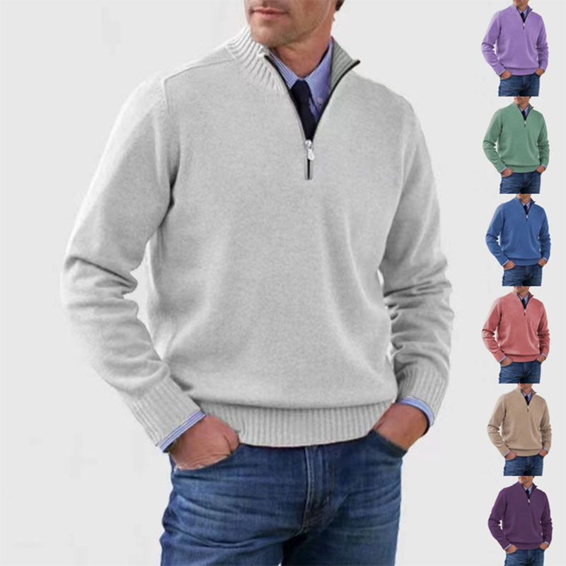 Piotr | Soft and warm men's cotton sweater with a mock turtleneck and zipper