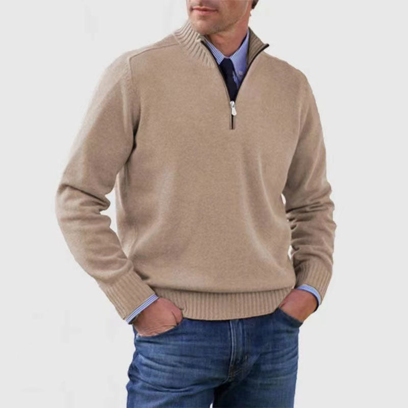 Piotr | Soft and warm men's cotton sweater with a mock turtleneck and zipper