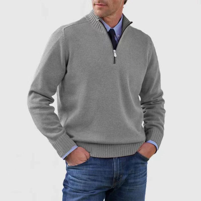 Piotr | Soft and warm men's cotton sweater with a mock turtleneck and zipper