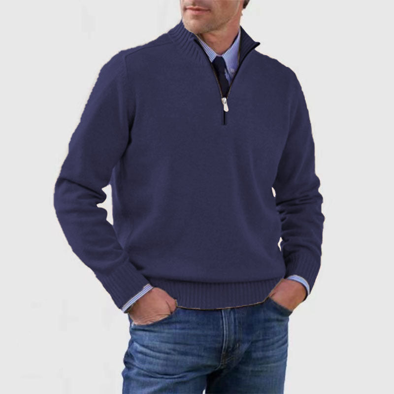Piotr | Soft and warm men's cotton sweater with a mock turtleneck and zipper