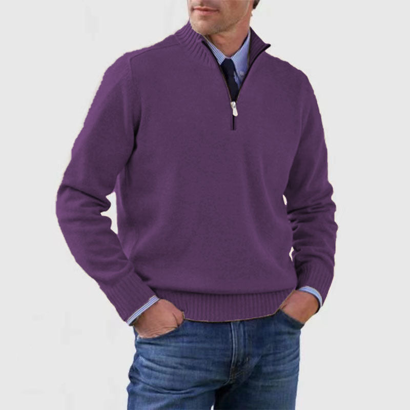 Piotr | Soft and warm men's cotton sweater with a mock turtleneck and zipper