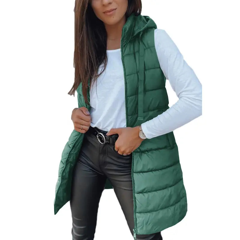 Women Long Vest Solid Color Sleeveless Hood Winter Puffer Vest Outwear