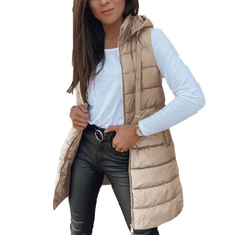 Women Long Vest Solid Color Sleeveless Hood Winter Puffer Vest Outwear