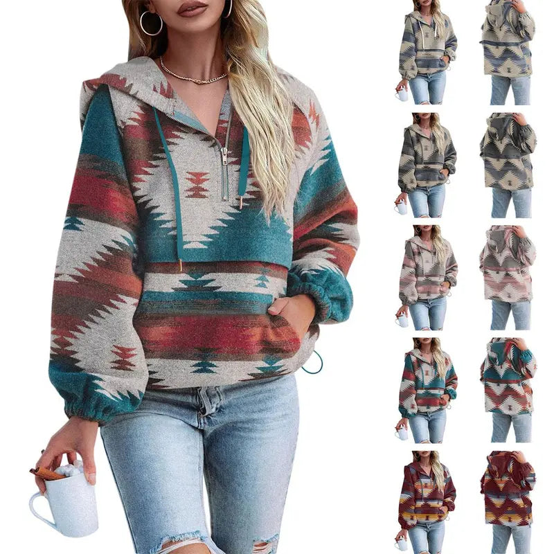 Women’s Oversized Hoodie Zip Up Long Sleeve Aztec Loose Fit Sweatshirts Pullover Tops