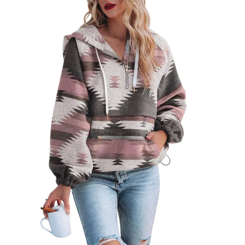 Women’s Oversized Hoodie Zip Up Long Sleeve Aztec Loose Fit Sweatshirts Pullover Tops