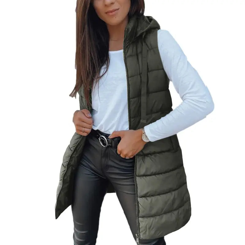 Women Long Vest Solid Color Sleeveless Hood Winter Puffer Vest Outwear