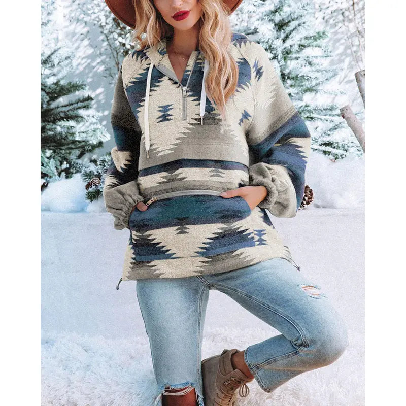 Women’s Oversized Hoodie Zip Up Long Sleeve Aztec Loose Fit Sweatshirts Pullover Tops