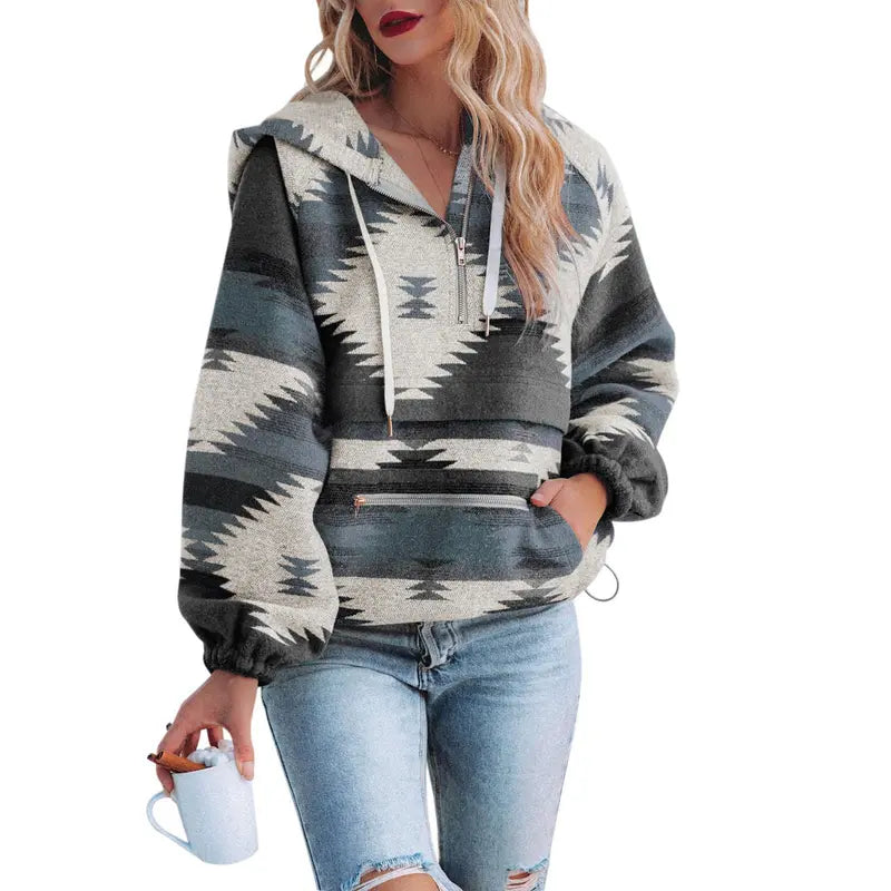 Women’s Oversized Hoodie Zip Up Long Sleeve Aztec Loose Fit Sweatshirts Pullover Tops