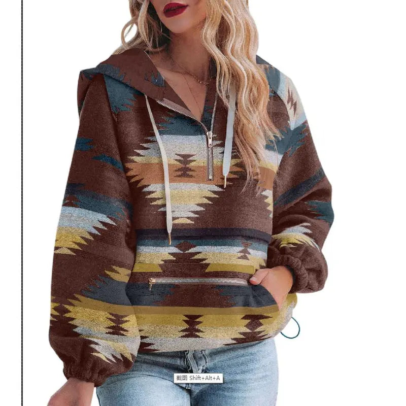Women’s Oversized Hoodie Zip Up Long Sleeve Aztec Loose Fit Sweatshirts Pullover Tops