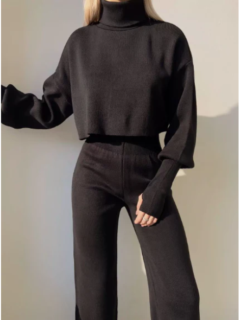 Modal soft and warm curved bubble hem, waist-length loose ribbed cuffs, turtleneck suit