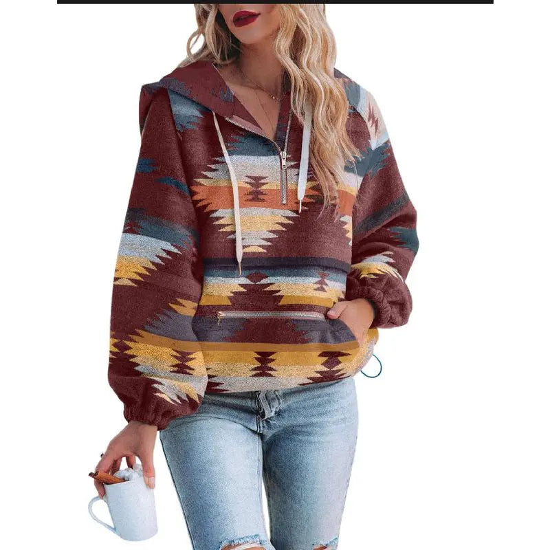 Women’s Oversized Hoodie Zip Up Long Sleeve Aztec Loose Fit Sweatshirts Pullover Tops