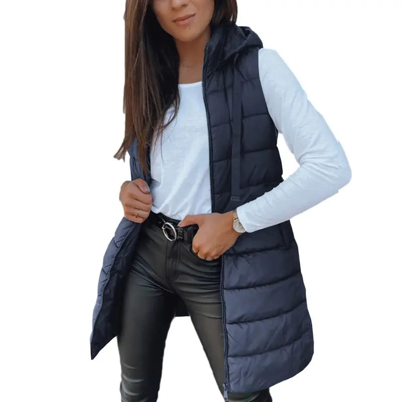 Women Long Vest Solid Color Sleeveless Hood Winter Puffer Vest Outwear